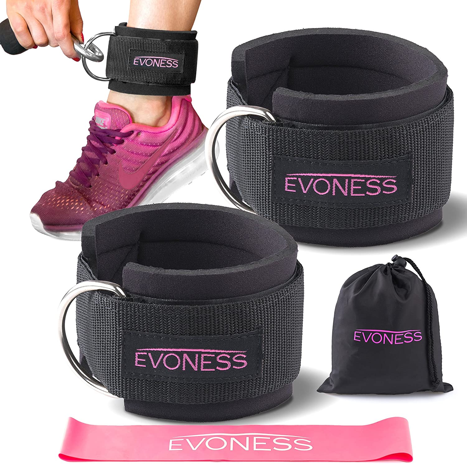 EVONESS Ankle Straps for Cable Machines and Resistance Band Plus Carry Bag– Premium Fitness Ankle Straps Attachment for Weightlifting and Workout with Ankle Cuffs for Legs, Abs and Glute Exercises